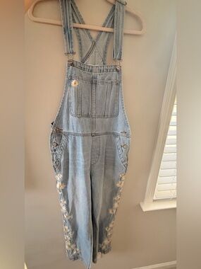 Light Wash Denim Overalls with Daisy Embroidery